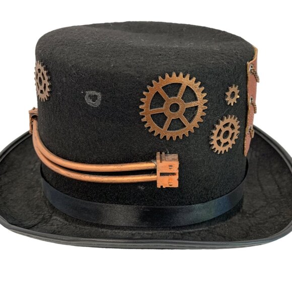 Unisex VTG Festival Adult Steampunk Black Top Hat Gears Chains Size OS 23" 7736 - Picture 2 of 6